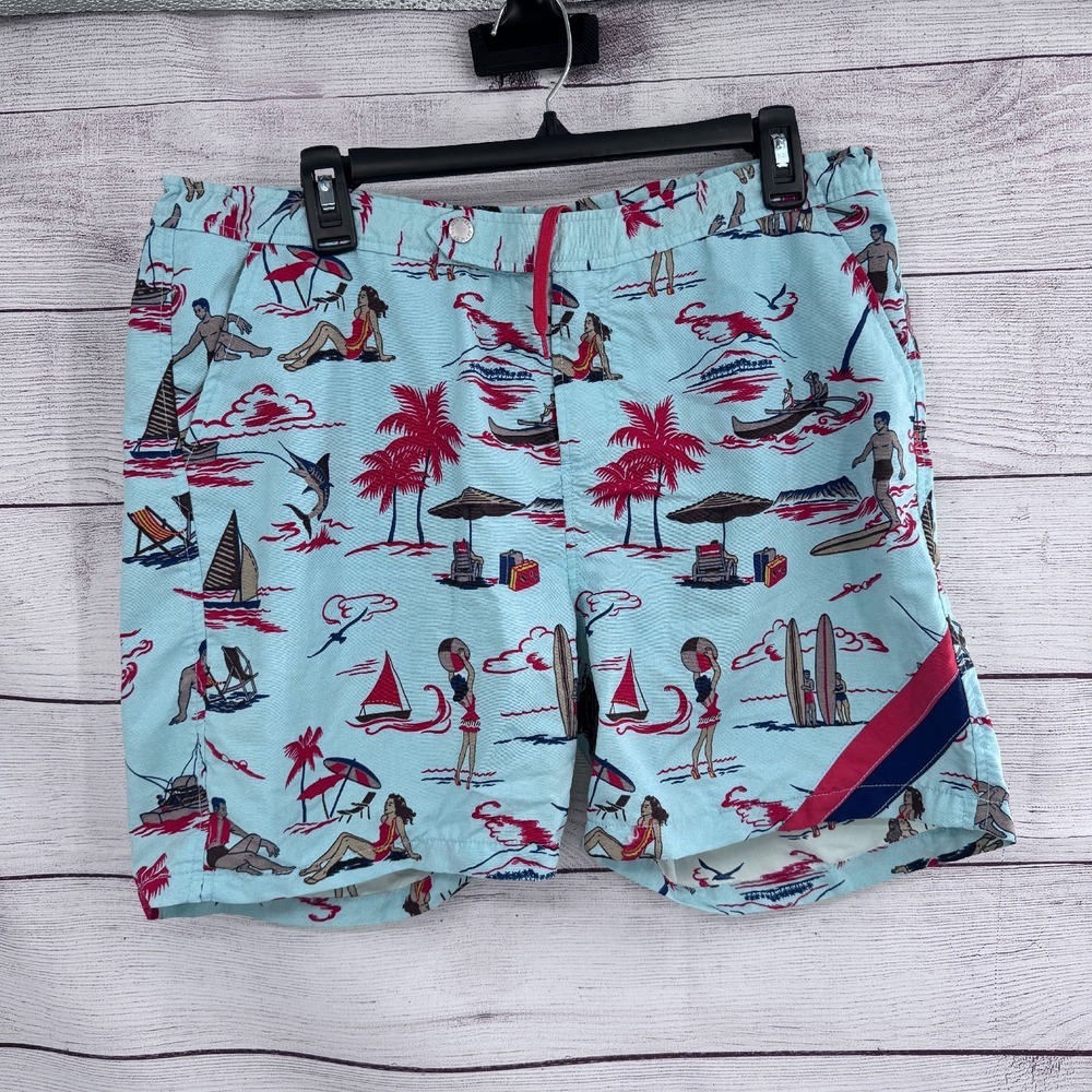 Reyn Spooner Swim Trunks Hawaiian Print Beach Shorts Blue Red Size 36 Vintage‎